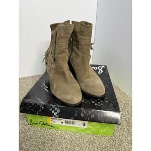 Sam Edelman Booties Womens Size 7.5 Tan Suede Louie Fringe Ankle Western Boots